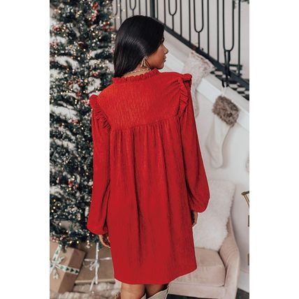 Fiery Red Textured Ruffled Trim V Neck Loose Fit Mini Dress