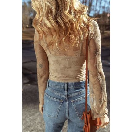 Apricot Lace Mesh Crochet Splicing Slim Fit Long Sleeve Blouse