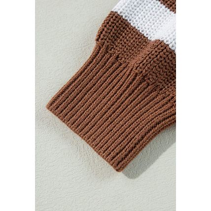 Brown Stripe Geometric Textured Drop Shoulder Sweater