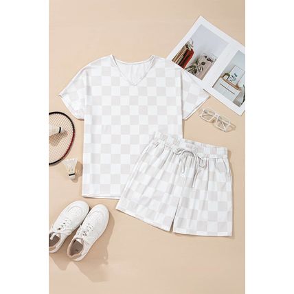 Beige Checkered V Neck Tee Drawstring Shorts Lounge Set