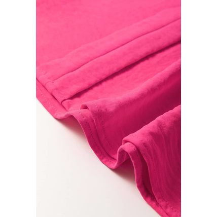 Rose Red Solid Color Shirred Cuff Notch V Neck Blouse