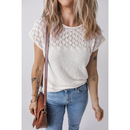White Eyelet Knit Tied Back Short Sleeve Sweater