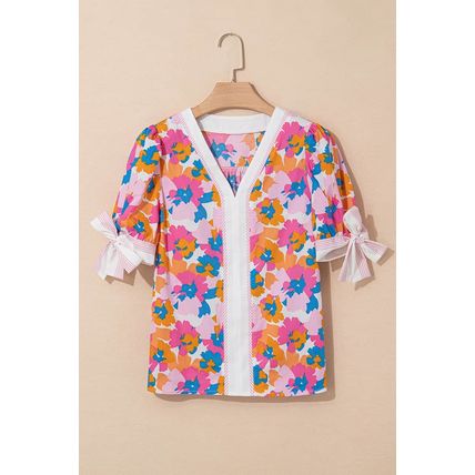 White Floral Colorblock Striped Edge V Neck Knotted Short Sleeve Blouse