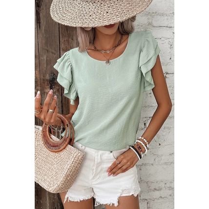 Clearly Aqua Solid Color Ruffled Short Sleeve Casual Blouse