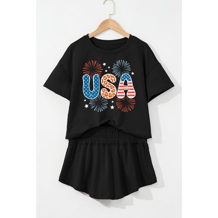 Black Firework USA Graphic Tee and Smocked Waistband Skort Set