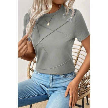 Medium Grey Solid Color Toothpick Stripe Round Neck T Shirt
