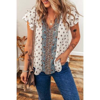 White Boho Pattern Tiered Ruffled Sleeve V Neck Buttoned Blouse