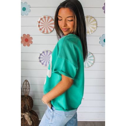 Sea Green Lace Bow Raw Edge Drop Shoulder Casual T Shirt