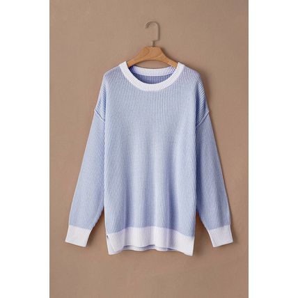 Blue Stripe Plus Size Contrast Trim Crew Neck Rib Knit Drop Shoulder Sweater