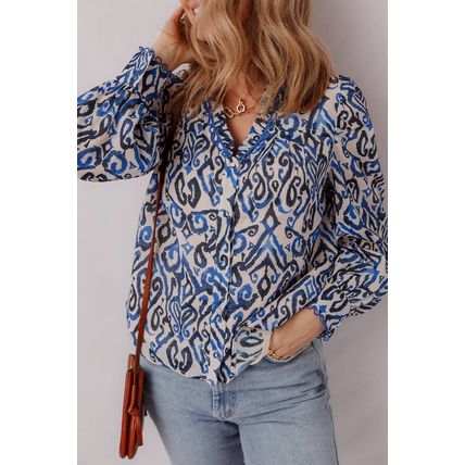 Blue Bohemian Print Embroidered V Neckline Detail Long Sleeve Shirt