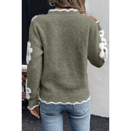Seagrass Plush Flower Pattern Scalloped Trim V Neck Sweater