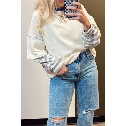 Beige Striped Patchwork Long Sleeve Round Neck Two-in-one Top