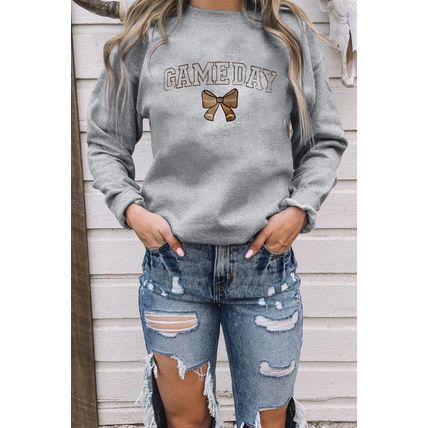 Gray GAME DAY Rugby Bow Embroidered Casual Sweatshirt