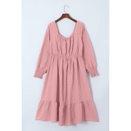 Pink Lace-up Ruched Front Long Sleeve Ruffle Hem Plus Size Midi Dress