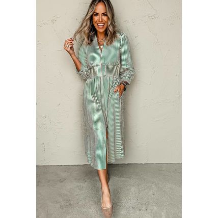 Green Stripe V Neck Zip Front Cinched High Waist Midi Dress