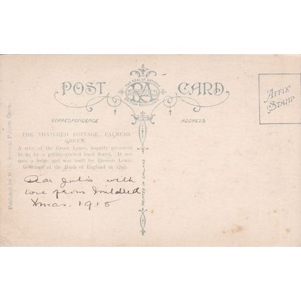ED 152 PALMERS GREEN - THE THATCHED COTTAGE . PRINTED POSTCARD