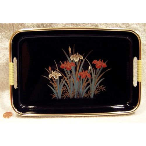 1950's Vintage Black Two Handled Metal Floral Designed Serving Tray +Bonus!