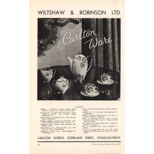wiltshaw robinson ltd 1953 carlton ware teaware pottery vintage ad