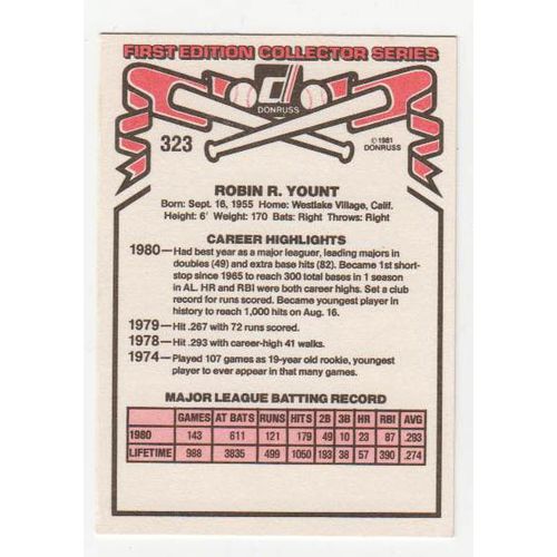 1981 Donruss Robin Yount baseball card #323 –HOF - Brewers