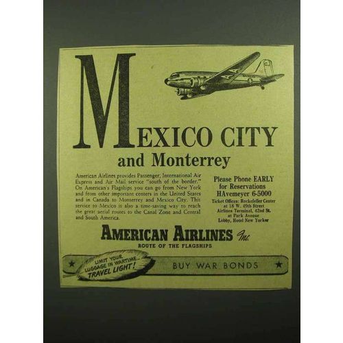1943 American Airlines Ad - Mexico City and Monterrey