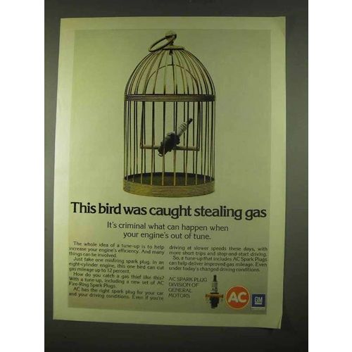1974 AC Spark Plug Ad - Bird Caught Stealing Gas