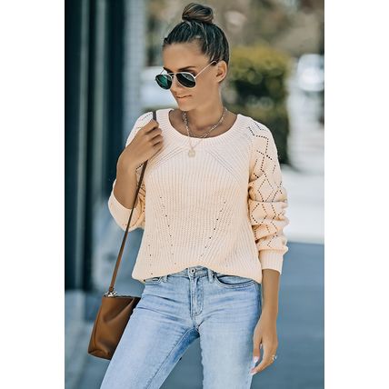 Beige Hollow-out Puffy Sleeve Knit Sweater