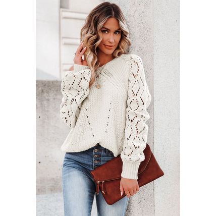 White Hollow-out Puffy Sleeve Knit Sweater