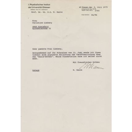 Willhelm Hanle German WW2 Uranium Nuclear Physicist Hand Signed Letter