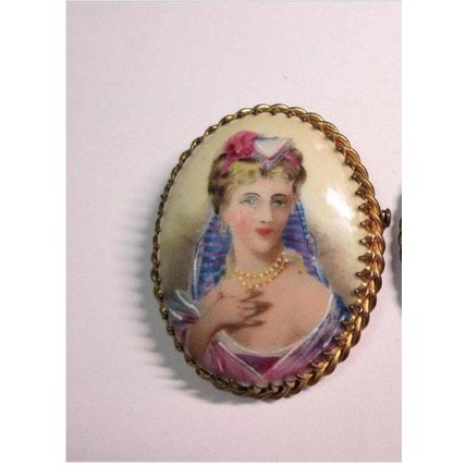 Vintage Genuine LIMOGES Hand Carved and Hand Painted Portrait Brooch - Very Old.