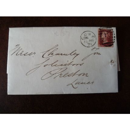 1871 GB QV 1d Red stamp 137 HN entire Charnley London Preston Imperial Fire