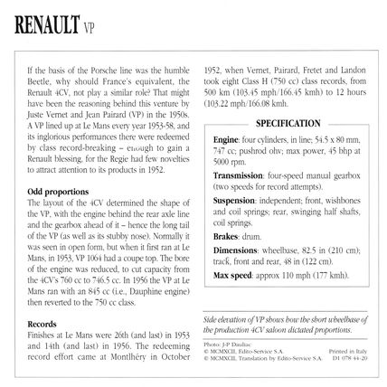 Collectors Club card. Classic Cars. Renault VP