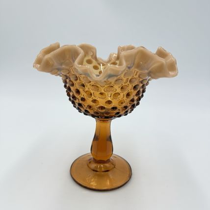 Fenton Art Glass Root Beer Opalescent Gradient Hobnail Ruffled Compote 6”