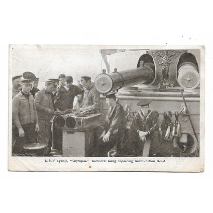 Postcard US Navy USN US flagship USS Olympia cruiser gunner's gang posted 1911