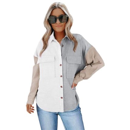 White Color Block Button Shirt with Pocket