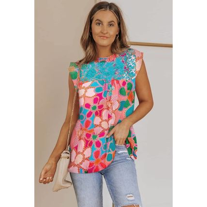 Pink Embroidered Detail Floral Print Ruffle Trim Tank Top