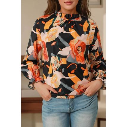 Black Floral Print Mock Neck Blouse