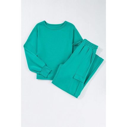 Lapis Solid Color Patchwork Pullover Top and Cargo Pants Set