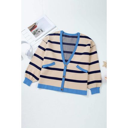 White Colorblock Drop Shoulder Buttoned Loose Cardigan