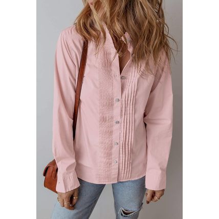 Light Pink Pleated Button-Up Loose Fit Casual Shirt