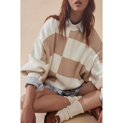 Khaki Checkered Side Slits Drop Shoulder Oversized Sweater