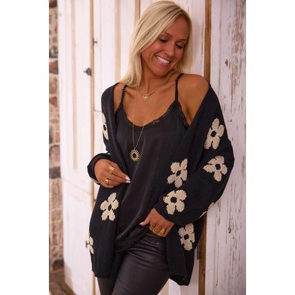 Black Floral Print Knitted Open Front Loose Cardigan