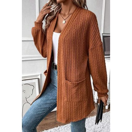 Chestnut Textured Knit Side Pockets Open Front Cardigan