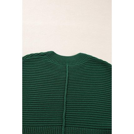 Blackish Green Textured Knit Crewneck Lantern Sleeve Sweater