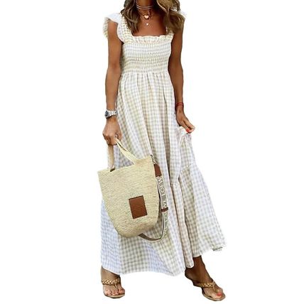 Khaki Plaid Ruffled Sleeve Smocked Maxi Dress