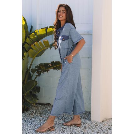 Beau Blue Half Placket Chest Pockets Short Sleeve Wide Leg Jumpsuit