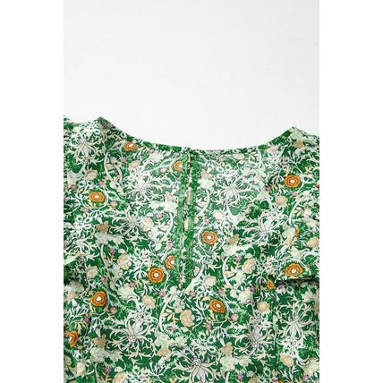 Green Flower Print Flutter Sleeve V Neck Sashed Ruffled Mini Dress