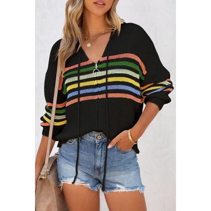 Black Striped Detail Zip Up Hooded Sweater Cardigan