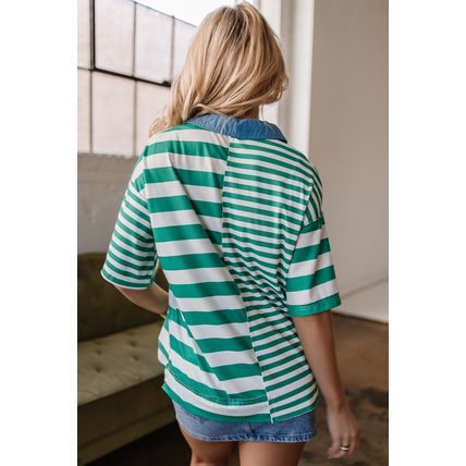 Green Stripe Colorblock Collar Half Buttons T Shirt