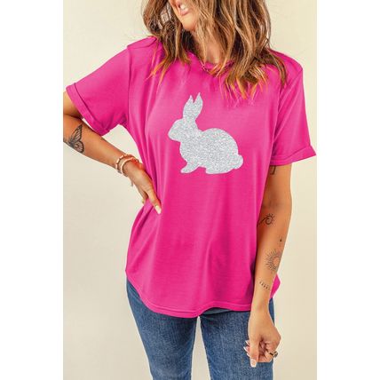 Rose Red Glitter Easter Bunny Graphic Crew Neck Tee