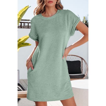 Grass Green Solid Color Textured Crinkle Short Sleeve T Shirt Dress